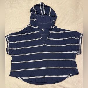 Blue Short Sleeved Striped Slub-Knit Terry Hoodie Size Large Tall